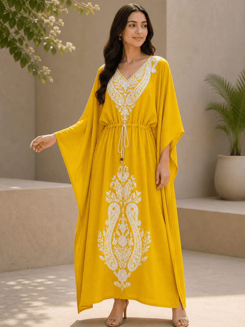 Women’s Embroidered Viscose Kaftan Maxi Dress with Waist Tie – Relaxed Fit - SOL BY SMITHA