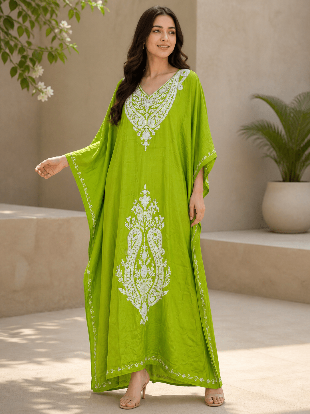 Women’s Embroidered Viscose Kaftan Maxi Dress with Waist Tie – Relaxed Fit - SOL BY SMITHA