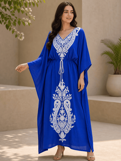 Women’s Embroidered Viscose Kaftan Maxi Dress with Waist Tie – Relaxed Fit - SOL BY SMITHA
