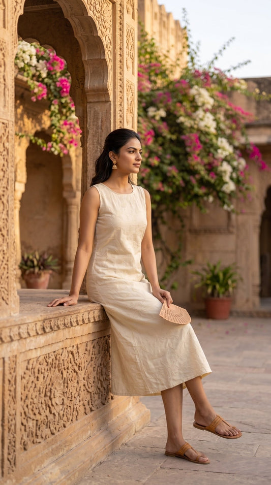 Women’s sleeveless floral frock made of jute cotton with embroidered details, by SOL BY SMITHA, perfect for casual wear.