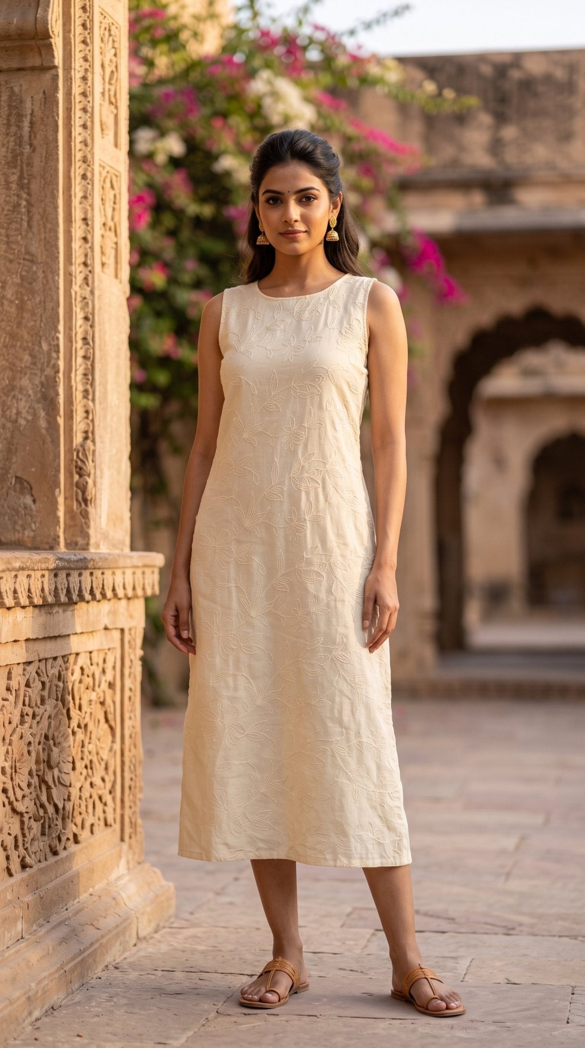 Women’s Jute Cotton Embroidered Frock | Sleeveless Floral Frock - SOL BY SMITHA