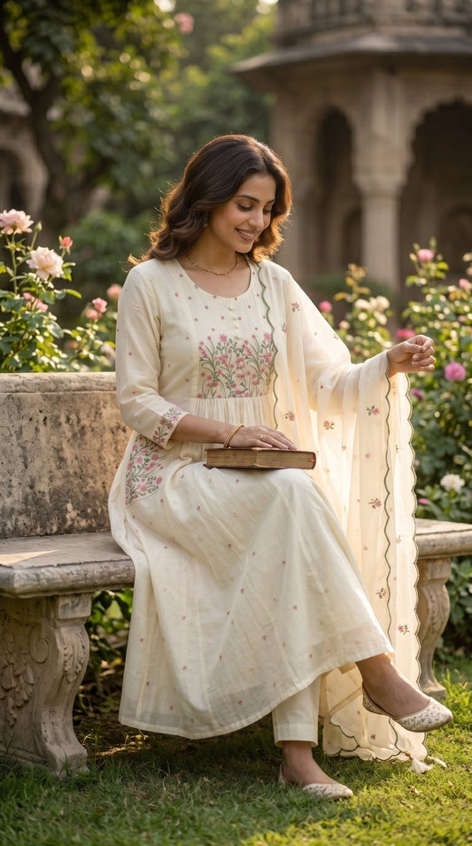 Women’s Mul Chanderi Floral 3-Piece Set | Elegant Chanderi Set - SOL BY SMITHA