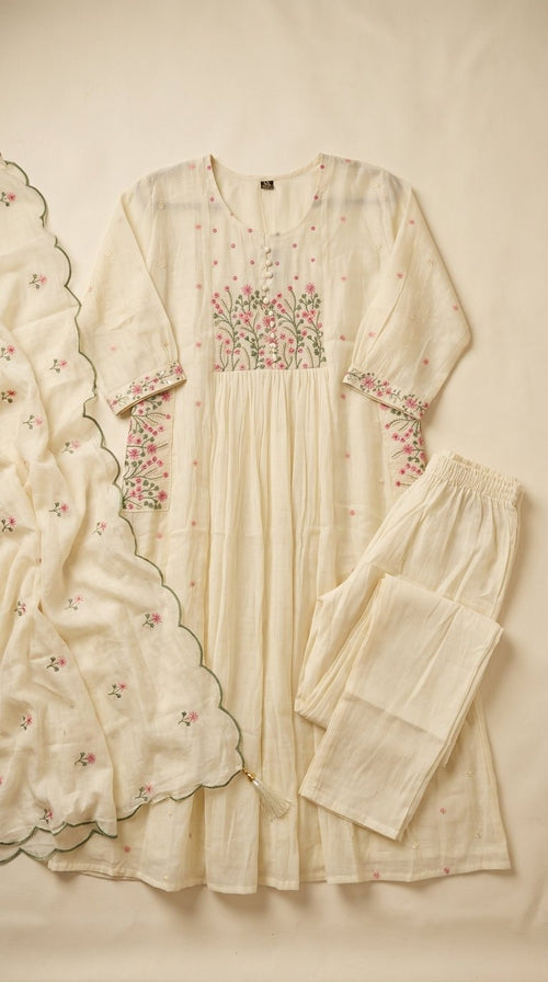 Women’s Mul Chanderi floral 3-piece suit set by SOL BY SMITHA, featuring elegant Chanderi fabric with intricate floral designs.