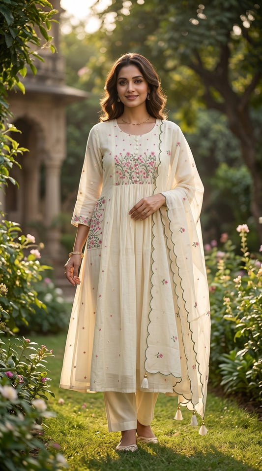 Women’s Mul Chanderi Floral 3-Piece Set | Elegant Chanderi Set - SOL BY SMITHA