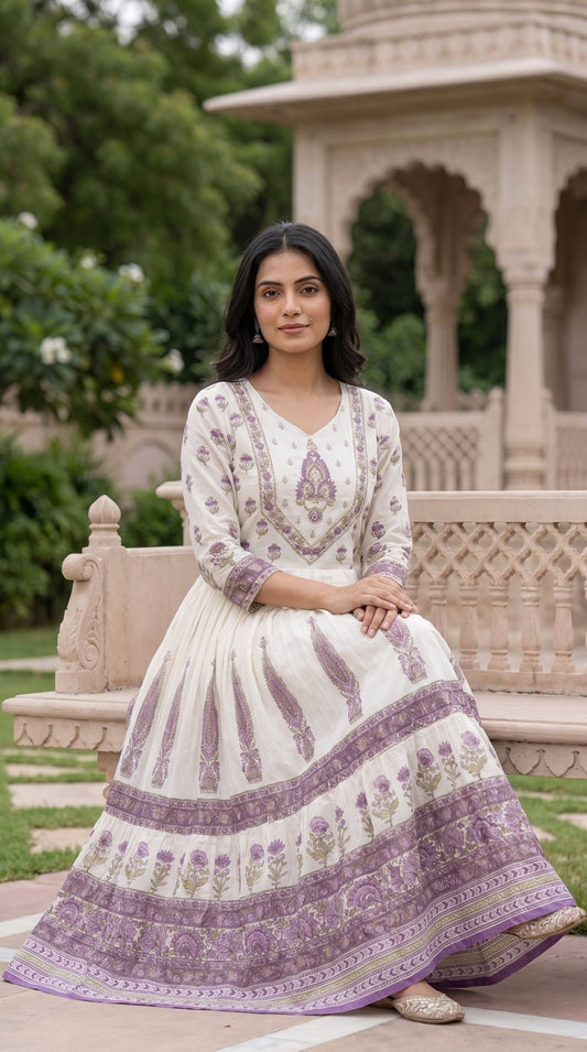 Women’s Mull cotton Anarkali kurta by SOL BY SMITHA featuring elegant, flowy design and traditional embroidery in soft cotton fabric.
