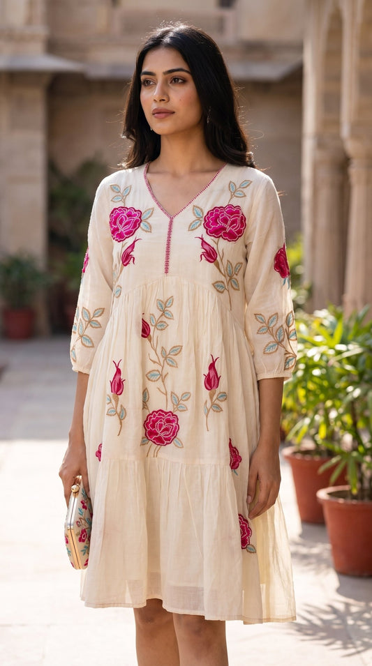 Women’s Mull cotton applique embroidered frock by SOL BY SMITHA, featuring intricate embroidery and comfortable cotton fabric.