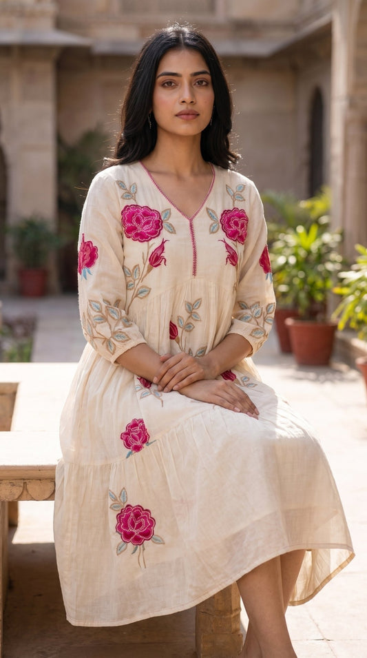 Women’s Mull cotton applique frock with embroidered details, featuring a comfortable and stylish design by SOL BY SMITHA.