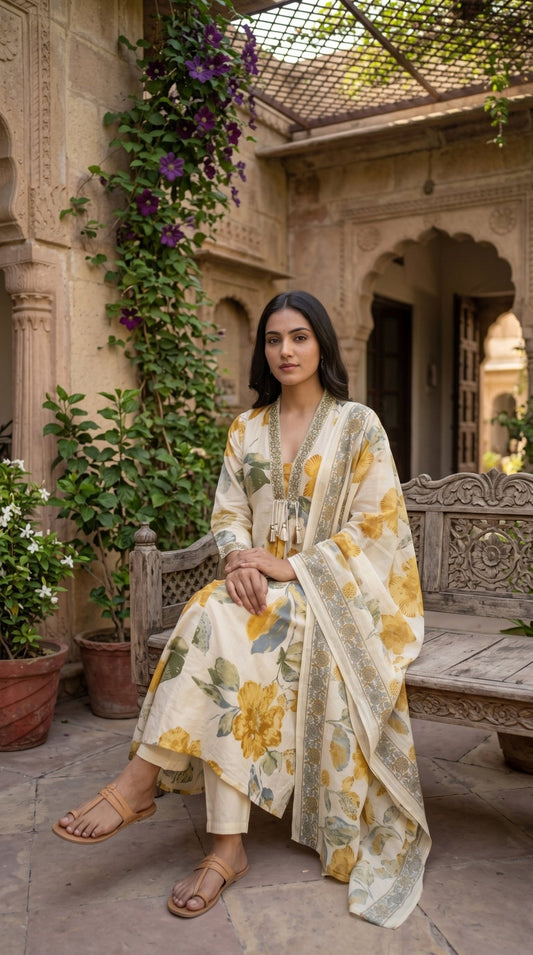 Women’s mull cotton embroidered 3-piece salwar suit set by SOL BY SMITHA, featuring a kurta, dupatta, and salwar.