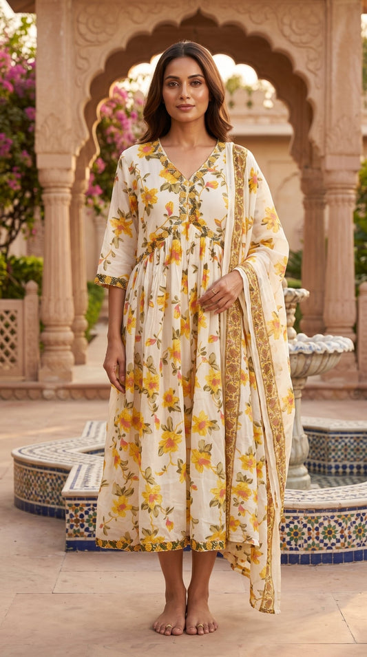 Women’s Mull Cotton Floral 2-Piece Set | Kurta & Shawl - SOL BY SMITHA
