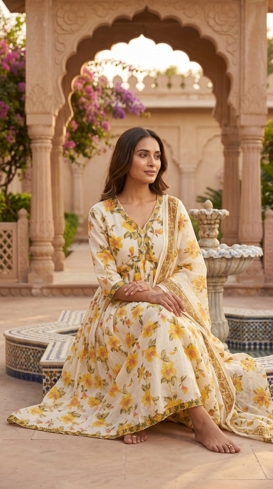 Women’s Mull Cotton Floral 2-Piece Set | Kurta & Shawl - SOL BY SMITHA