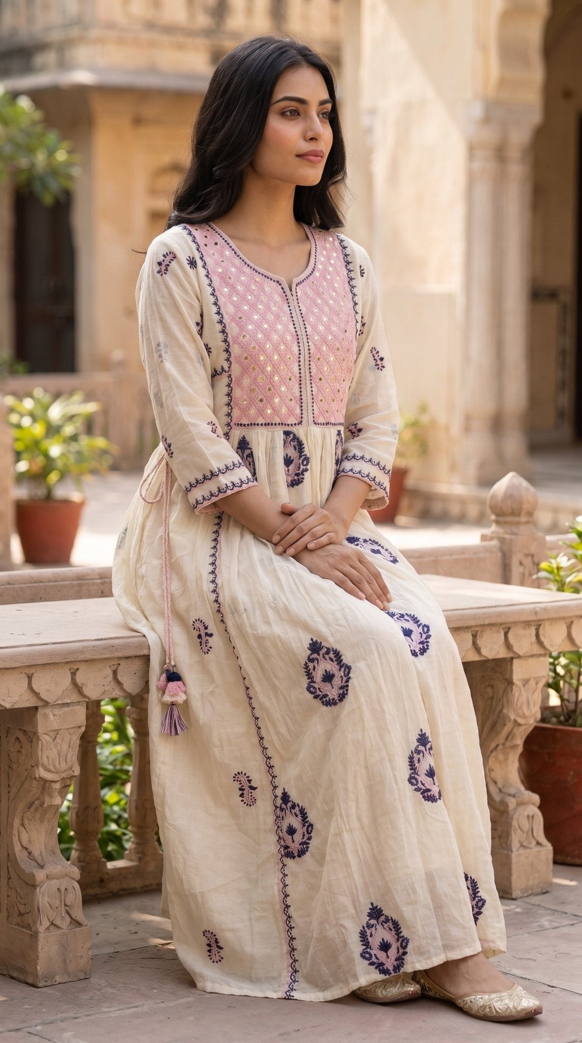 Women’s Mull cotton mirror work and machine embroidered frock by SOL BY SMITHA, featuring traditional mirror embroidery and lightweight fabric.