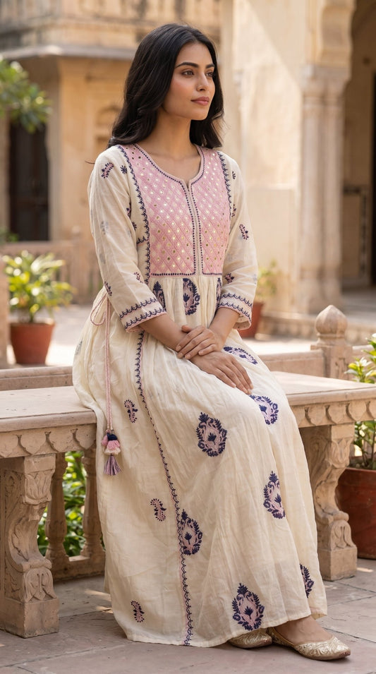 Women’s Mull cotton mirror work and machine embroidered frock by SOL BY SMITHA, featuring traditional mirror embroidery and lightweight fabric.