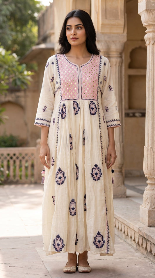 Women’s Mull cotton mirror work embroidered frock by SOL BY SMITHA, featuring intricate machine embroidery and a flowing silhouette.