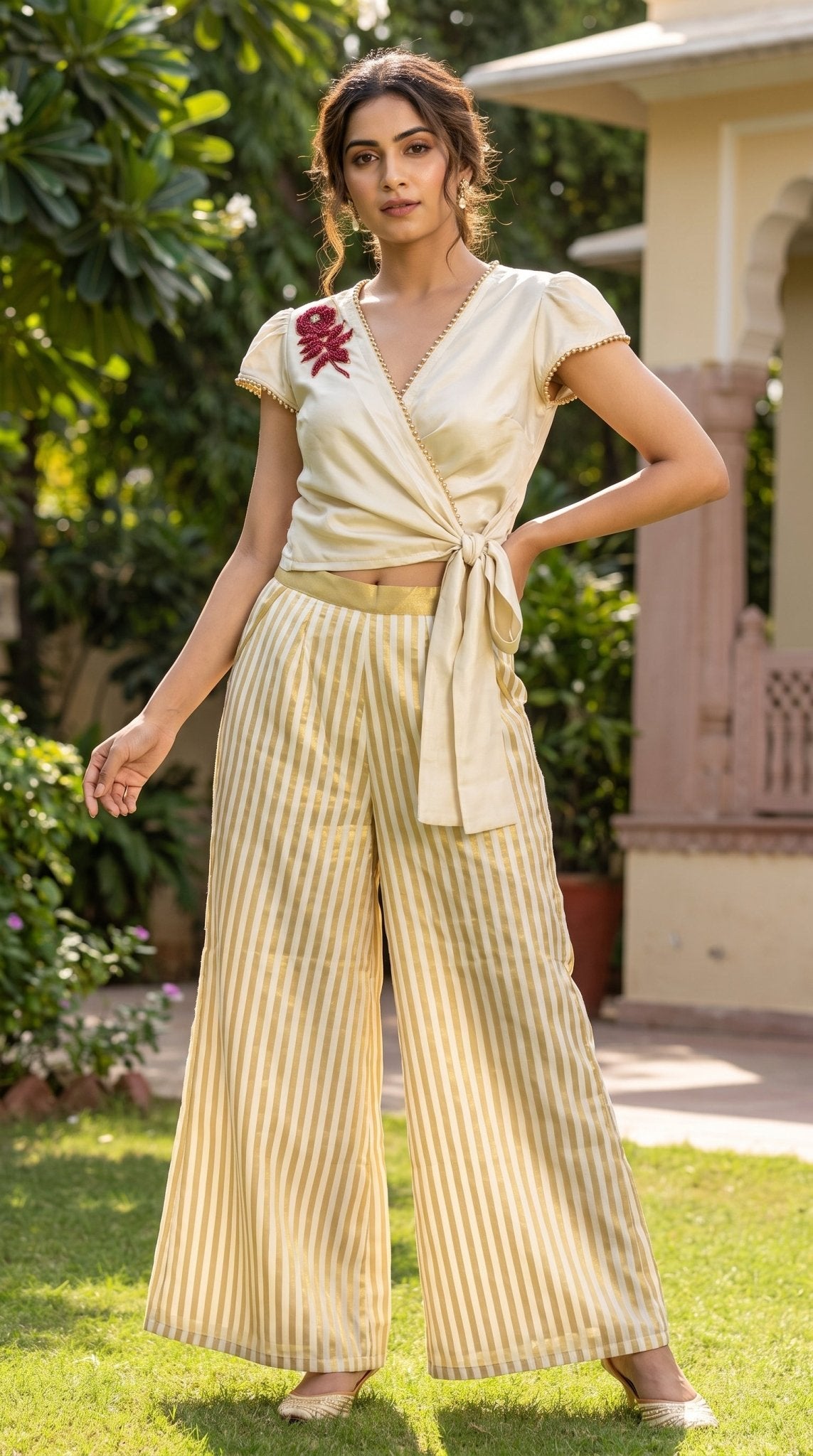 Women’s Satin Overlap Top & Handloom Cotton Flare Pants | Designer Coord Set - SOL BY SMITHA