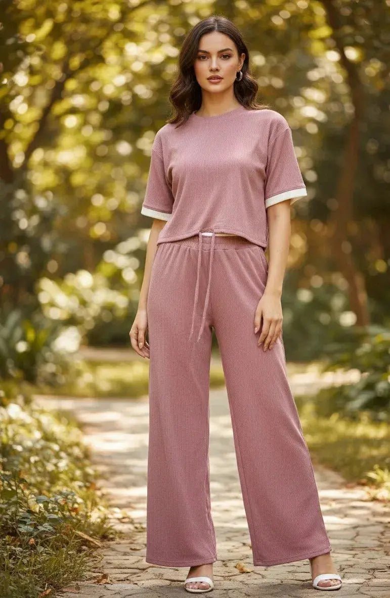 Women's Textured Waffle Knit Coord Set | Short Sleeve Crop Top and High Waist Wide Leg Pant. - SOL BY SMITHA