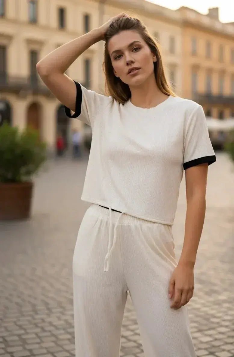 Women's Textured Waffle Knit Coord Set | Short Sleeve Crop Top and High Waist Wide Leg Pant. - SOL BY SMITHA