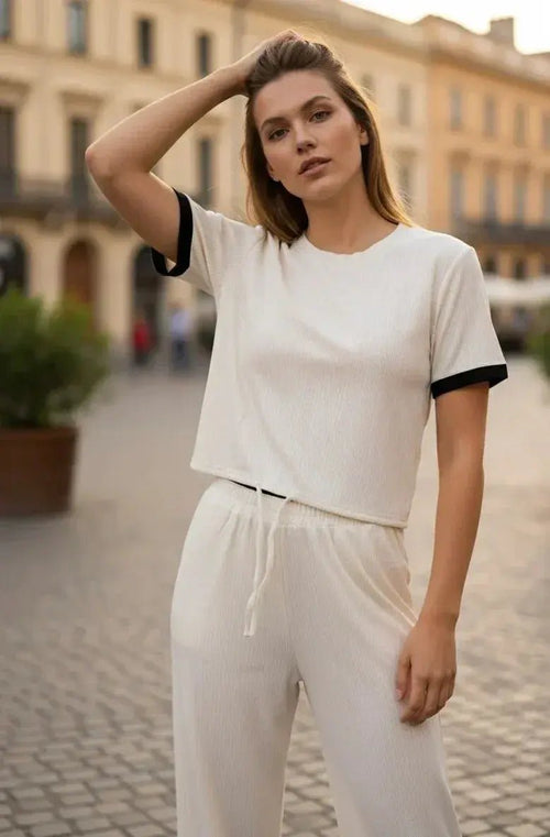 Women's Textured Waffle Knit Coord Set | Short Sleeve Crop Top and High Waist Wide Leg Pant. - SOL BY SMITHA
