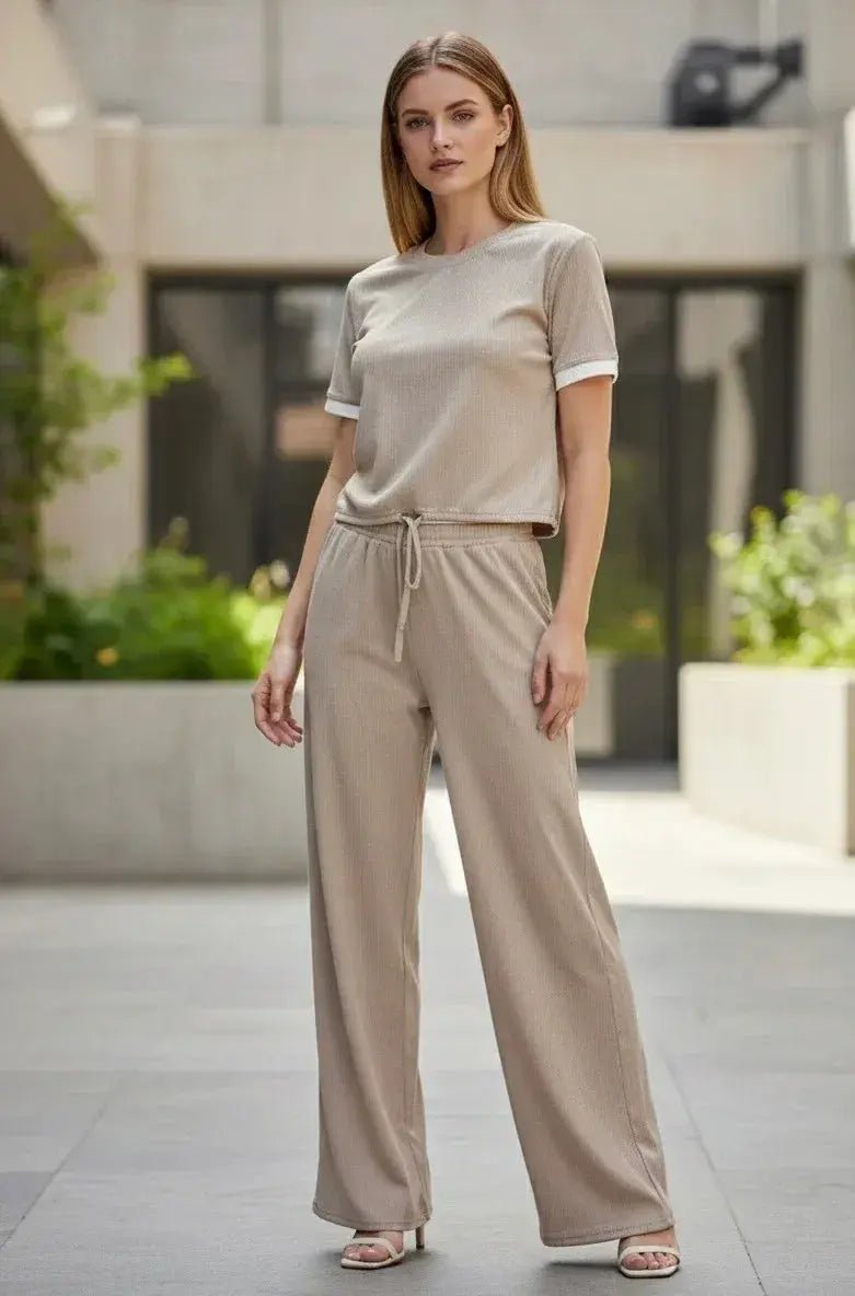 Women's Textured Waffle Knit Coord Set | Short Sleeve Crop Top and High Waist Wide Leg Pant. - SOL BY SMITHA