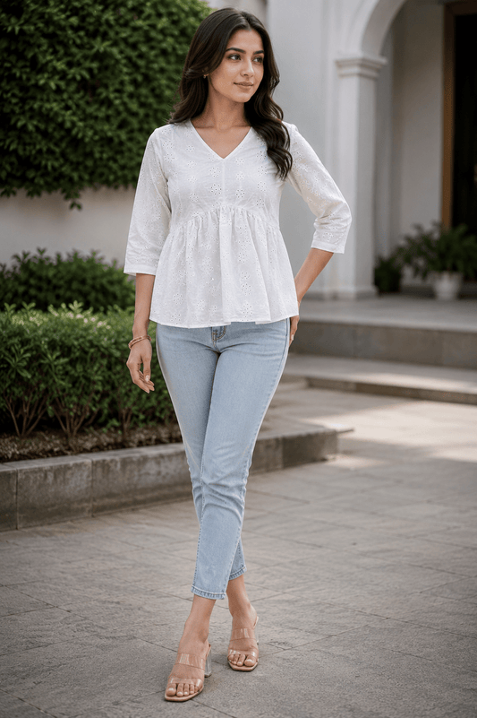 White Hakoba kurti for women by SOL BY SMITHA, featuring traditional embroidery and lightweight fabric.