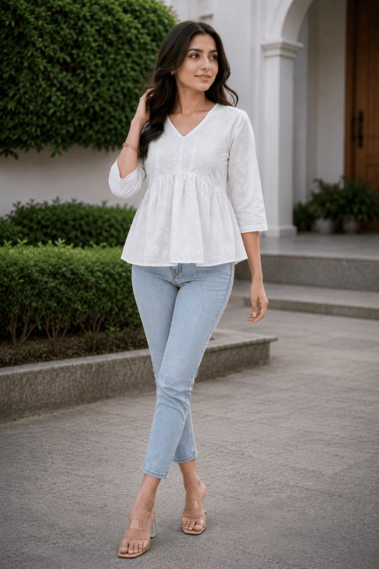 Women’s white Hakoba Kurti by SOL BY SMITHA, featuring traditional embroidery and lightweight fabric, perfect for casual wear.