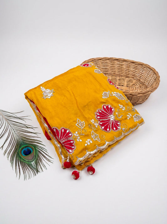 Yellow Saree with Red Contrast Cut Work | Designer Scalloped Border Saree - SOL BY SMITHA