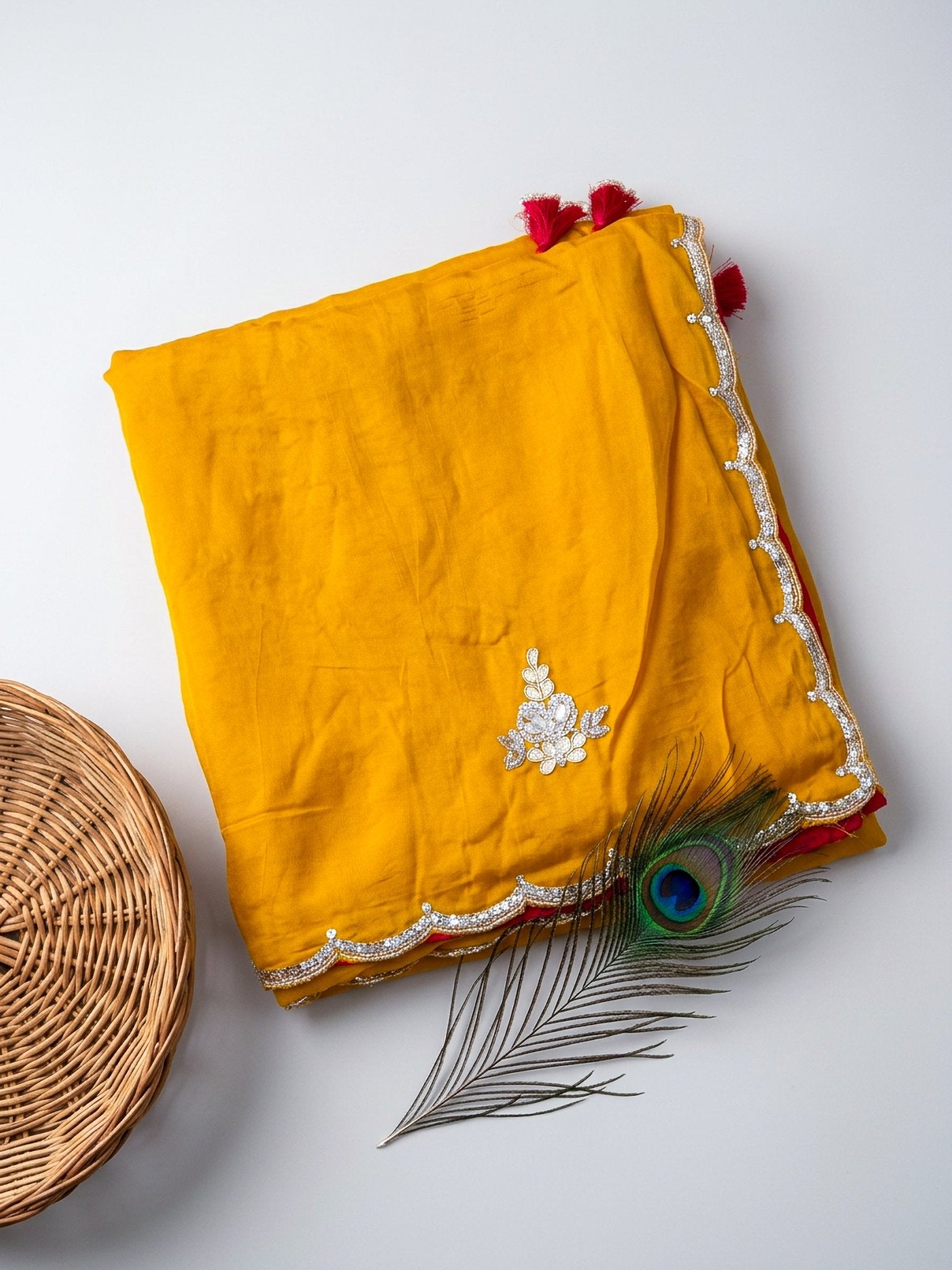 Yellow Saree with Red Contrast Cut Work | Designer Scalloped Border Saree - SOL BY SMITHA