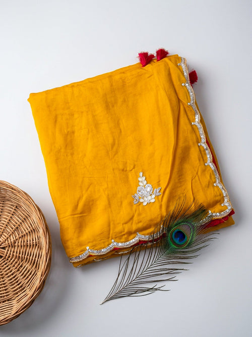 Yellow Saree with Red Contrast Cut Work | Designer Scalloped Border Saree - SOL BY SMITHA