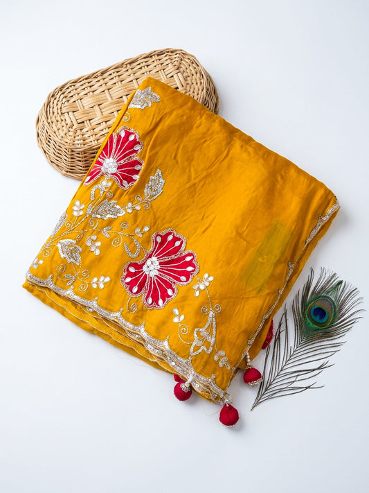 Yellow Saree with Red Contrast Cut Work | Designer Scalloped Border Saree - SOL BY SMITHA